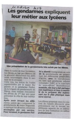 La gendarmerie présentée aux 1ères bac pro Métiers de la sécurité