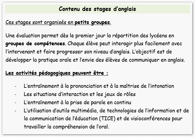 contenu stages anglais