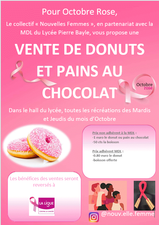 Le collectif Nouvelle Femme et la Maison Des Lycéens organisent une vente de donuts et de pains au chocolat pour Octobre Rose.